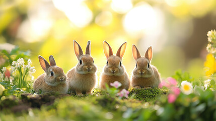 Adorable group of bunnies in a spring meadow