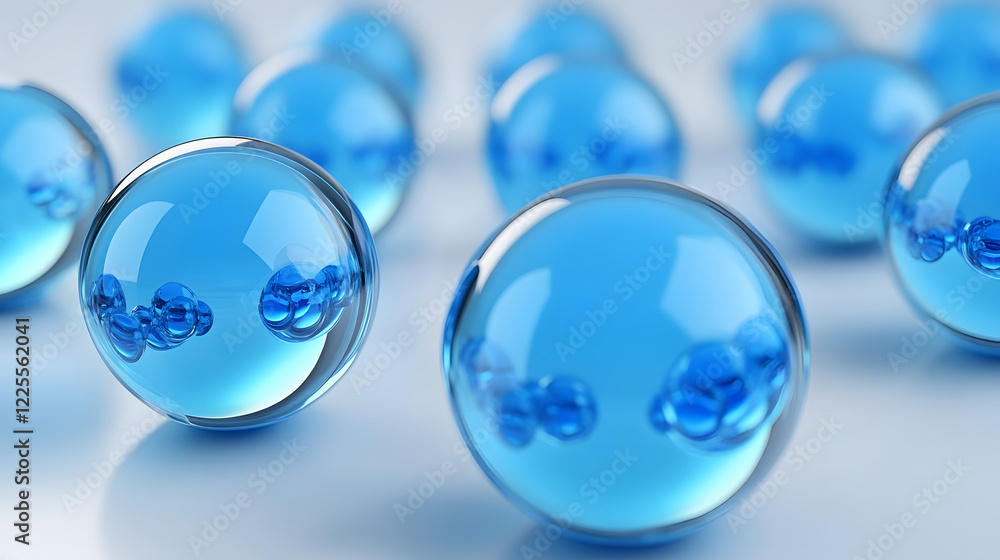 Poster abstract 3d rendering background with blue bouncing balls.