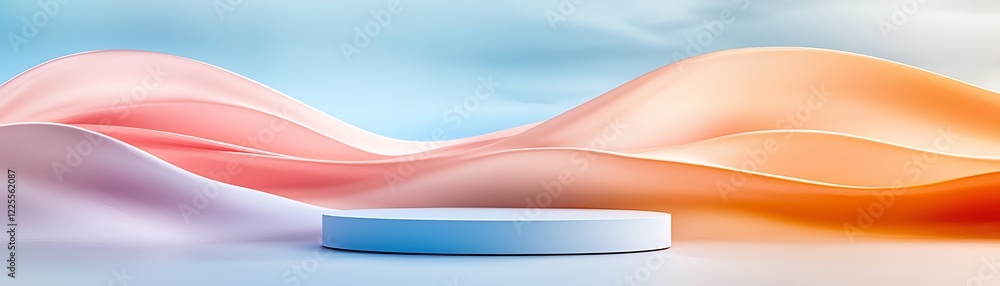 Poster a serene and colorful abstract background featuring soft waves of pastel hues with a circular platfo