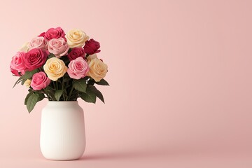 Fototapeta premium A beautiful bouquet of pink and yellow roses in a minimalistic vase on a soft background.