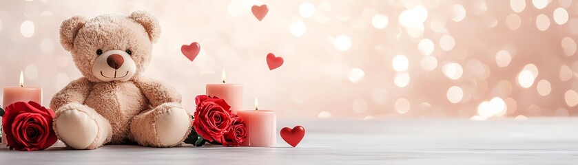 Obraz premium A sentimental scene featuring a plush teddy bear surrounded by candles and roses, creating a romantic atmosphere with soft lighting and floating hearts, perfect for love-themed con
