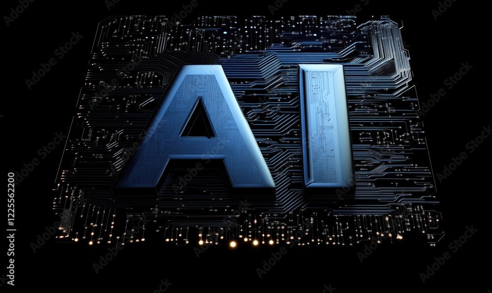Poster ai circuit board design with illuminated letters representing artificial intelligence technology