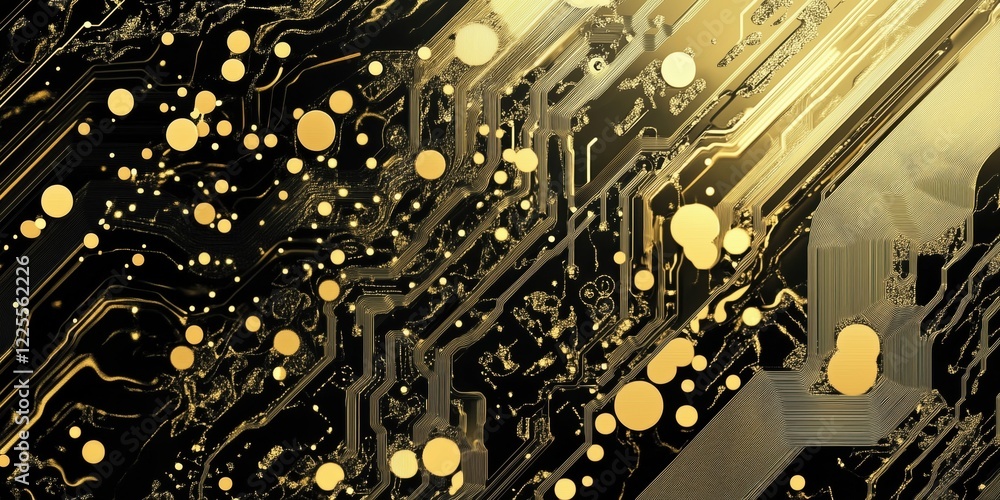 Poster golden circuit board design with abstract patterns and luminous dots, showcasing technology and inno