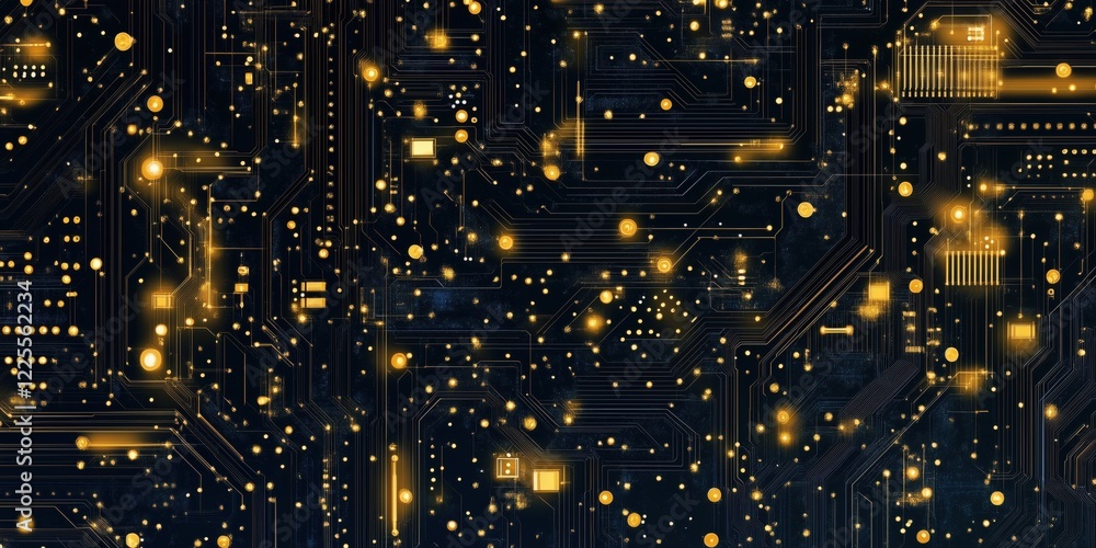 Poster abstract digital circuit board design with glowing golden elements, intricate patterns, and dark bac