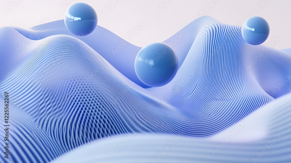 Poster abstract 3d rendering background with blue bouncing balls.