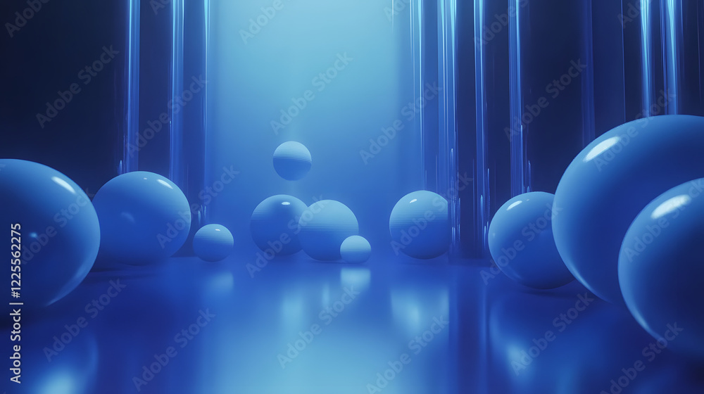 Poster abstract 3d rendering background with blue bouncing balls.