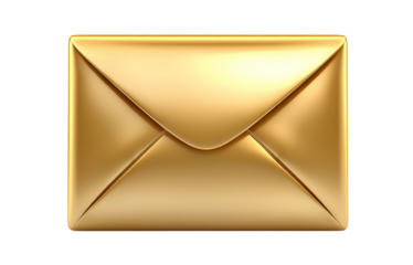 Luxurious golden envelope with shiny metallic texture, isolated on transparent cutout background