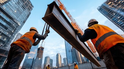 Construction workers operating crane and lifting steel beam at building site during daylight