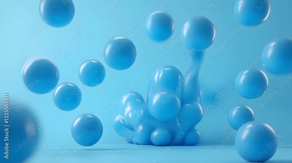 Poster abstract 3d rendering background with blue bouncing balls.