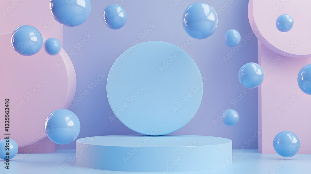 Poster abstract 3d rendering background with blue bouncing balls.