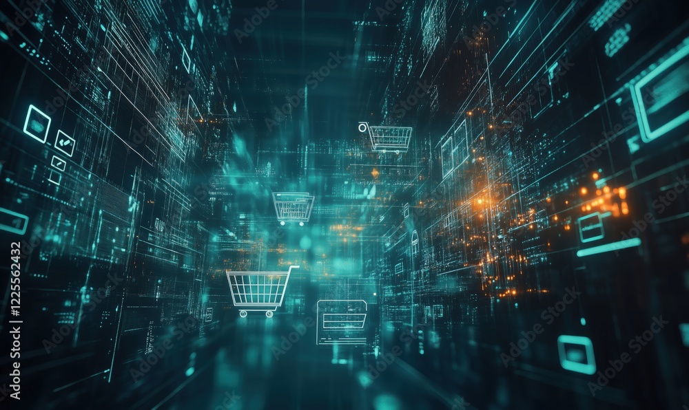 Poster digital shopping experience with virtual carts and data streams in futuristic environment