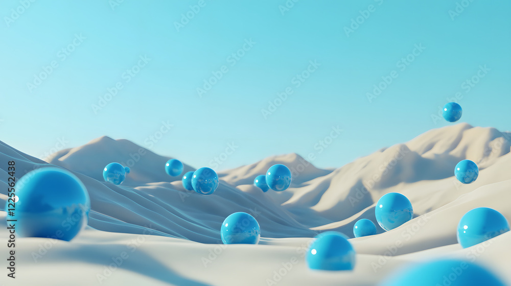Poster abstract 3d rendering background with blue bouncing balls.