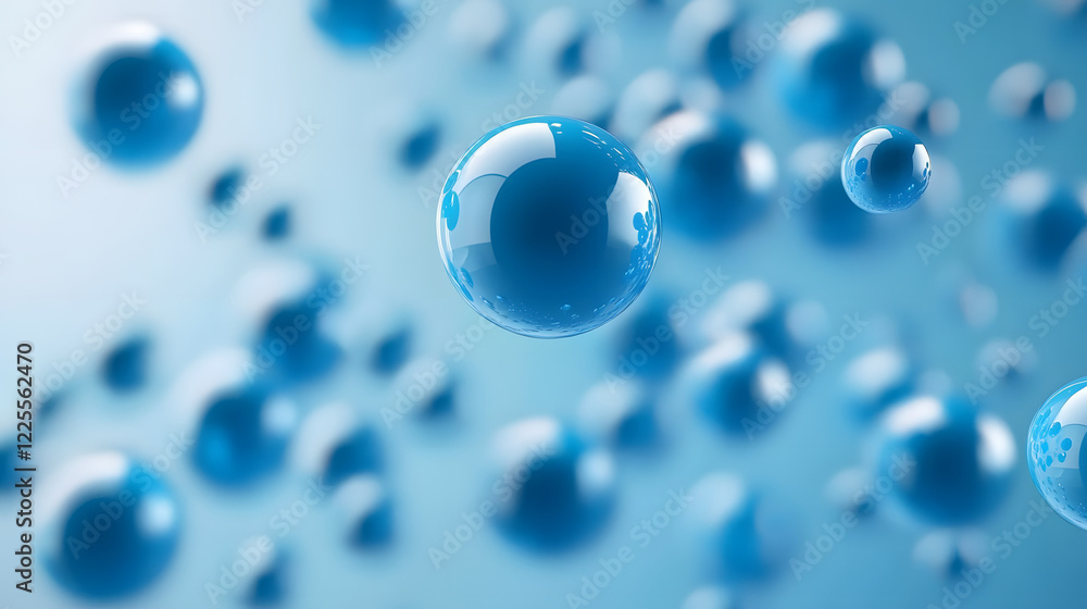 Poster abstract 3d rendering background with blue bouncing balls.