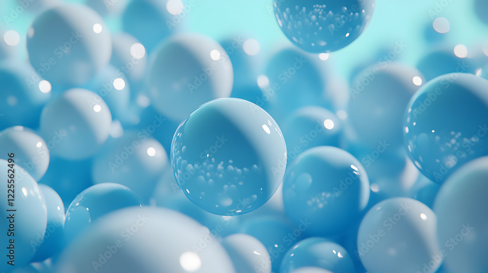 Poster abstract 3d rendering background with blue bouncing balls.