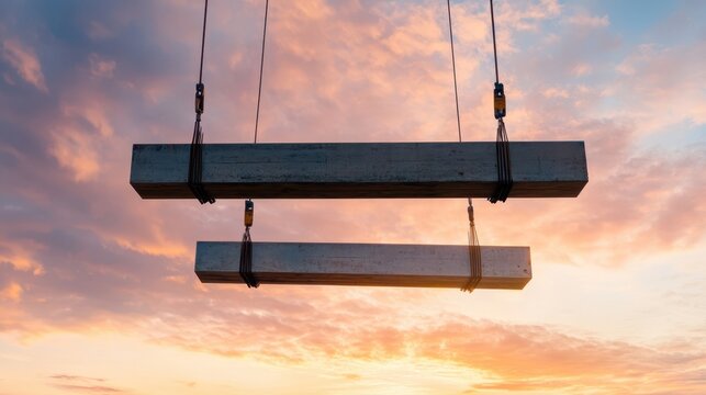Wooden swing hanging from ropes with crane lifting steel beams under sunset sky