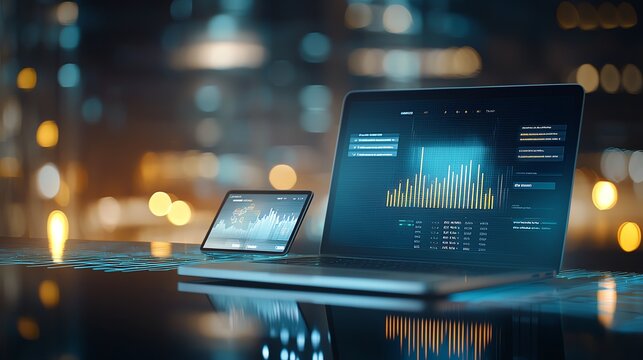 A sleek laptop and a smartphone displaying data analytics on a modern glass table, illuminated by city lights, representing the fusion of technology and digital insights.