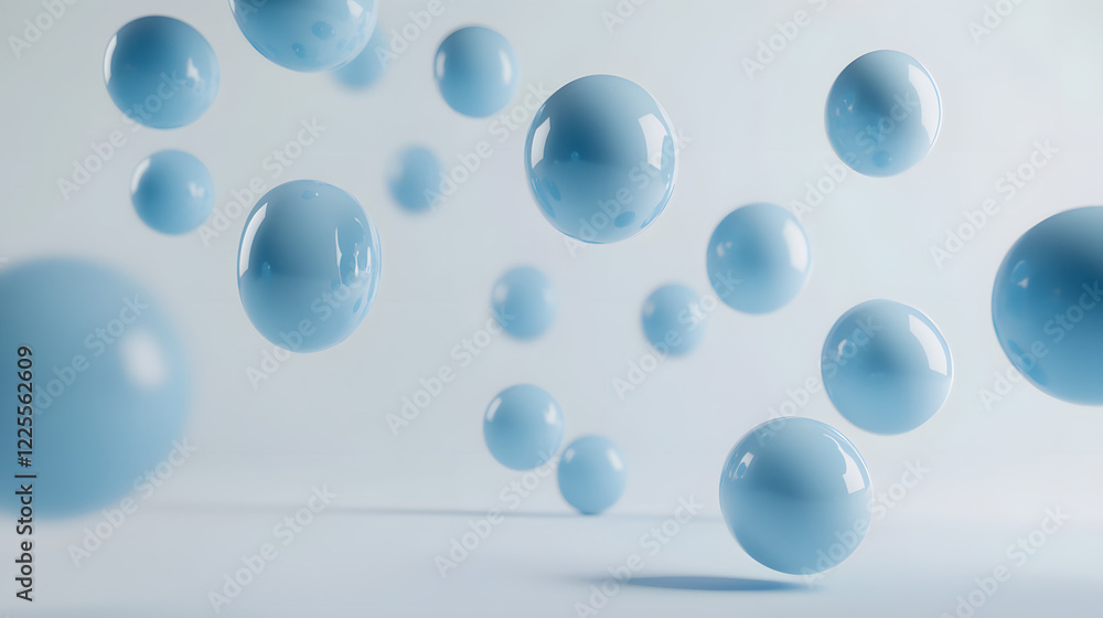 Poster abstract 3d rendering background with blue bouncing balls.
