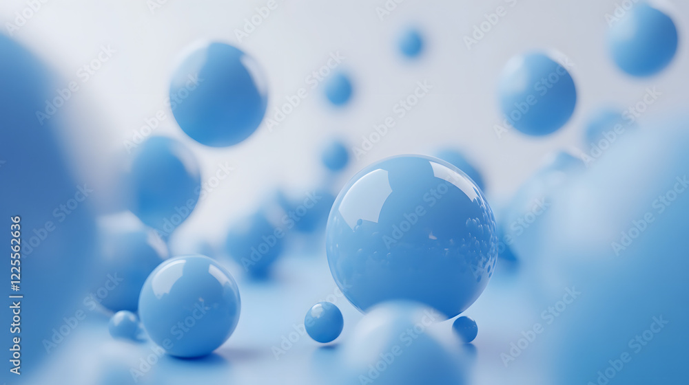 Poster abstract 3d rendering background with blue bouncing balls.