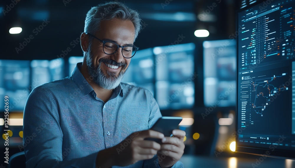 Poster a smiling mature man looks at his smartphone while reviewing data on a large screen. the environment