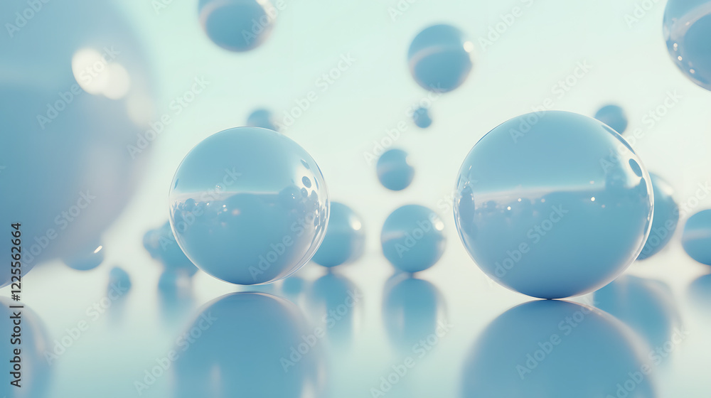 Poster abstract 3d rendering background with blue bouncing balls.