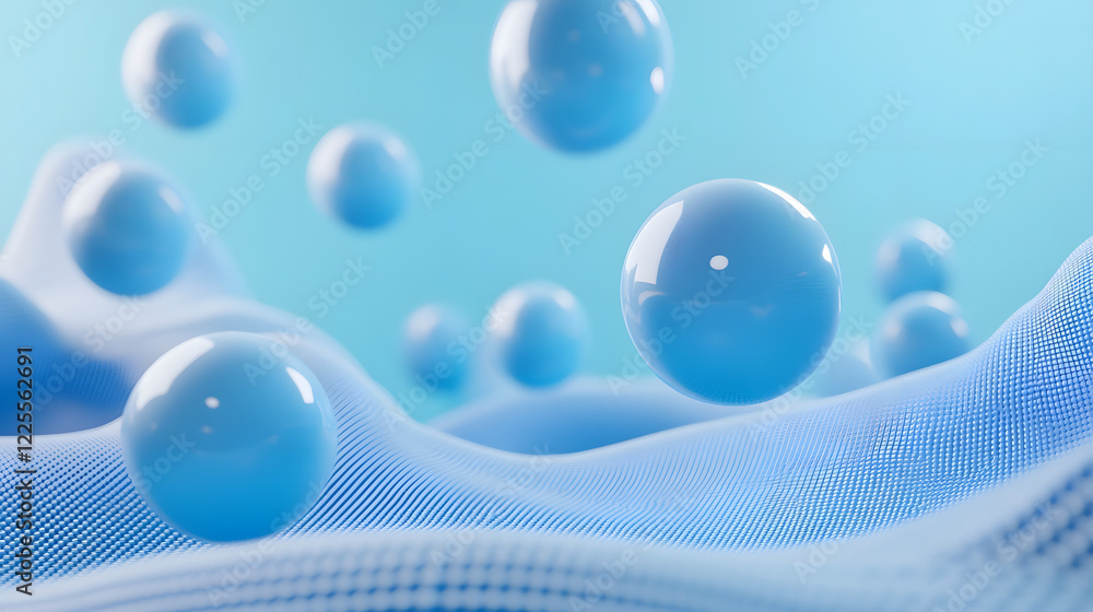 Poster abstract 3d rendering background with blue bouncing balls.
