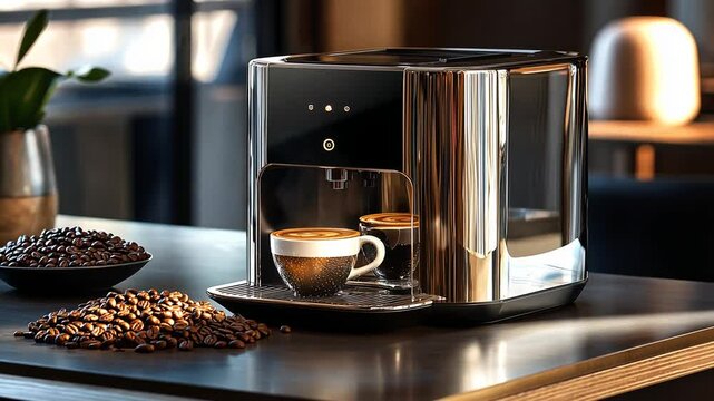 Coffee Machine Reflection with Coffee Beans Nearby
