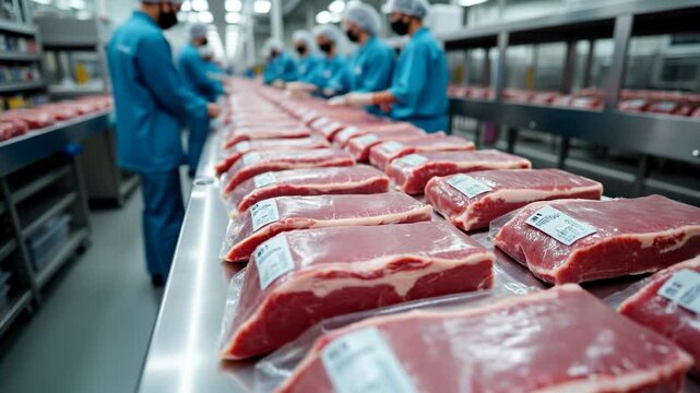 Meat processing facility in action with workers packaging cuts of beef efficiently