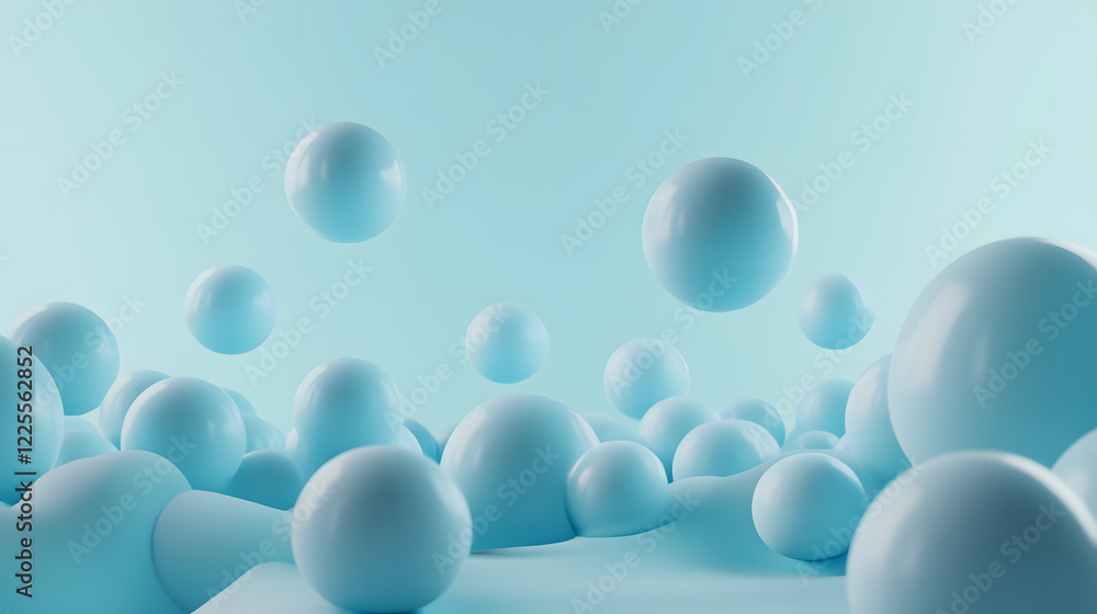 Poster abstract 3d rendering background with blue bouncing balls.
