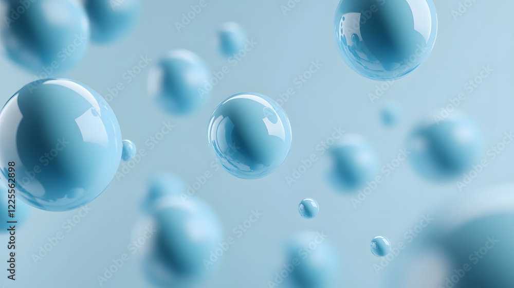 Poster abstract 3d rendering background with blue bouncing balls.