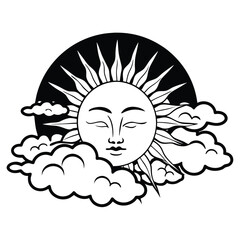A minimalist one-line drawing of a face blending with a sun and clouds, symbolizing harmony and tranquility.