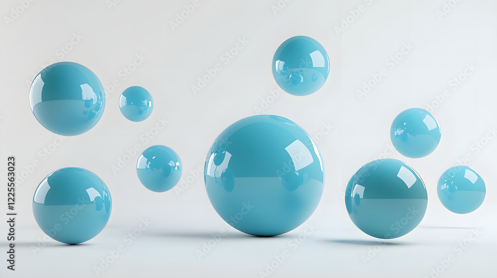 Poster abstract 3d rendering background with blue bouncing balls.