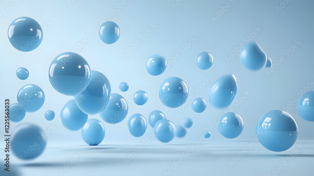 Poster abstract 3d rendering background with blue bouncing balls.