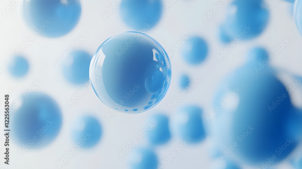 Poster abstract 3d rendering background with blue bouncing balls.