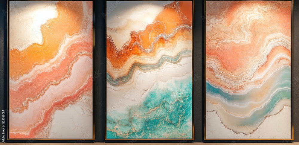 Poster abstract waves triptych: a captivating abstract triptych with three panels showcasing flowing, organ