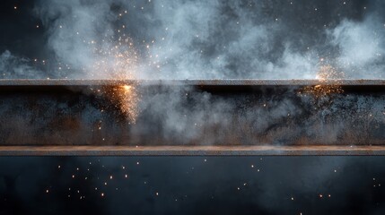 Close up of welding steel beams with intense sparks and fire reflection on a wall