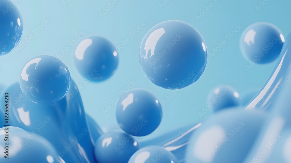 Poster abstract 3d rendering background with blue bouncing balls.