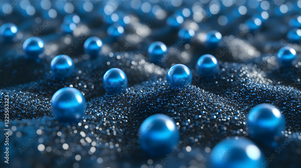 Poster abstract 3d rendering background with blue bouncing balls.