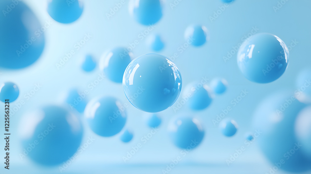 Poster abstract 3d rendering background with blue bouncing balls.