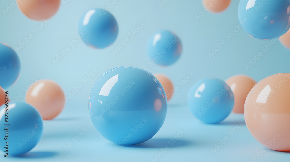 Poster abstract 3d rendering background with blue bouncing balls.