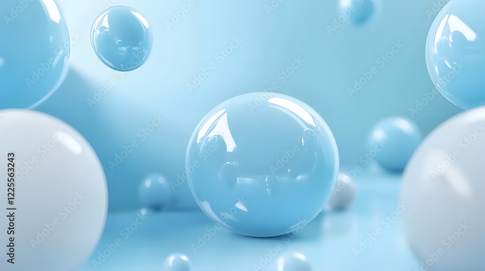 Poster abstract 3d rendering background with blue bouncing balls.