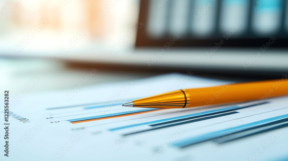 Poster a close-up of a pen on a finance report with graphs and charts for analysis.