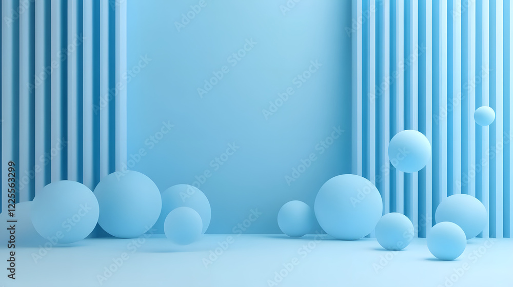 Poster abstract 3d rendering background with blue bouncing balls.