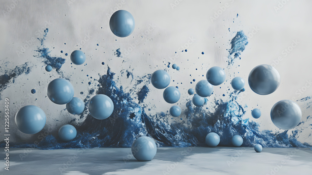 Poster abstract 3d rendering background with blue bouncing balls.