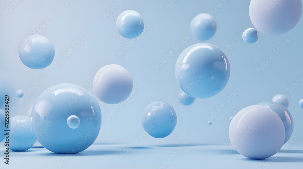 Poster abstract 3d rendering background with blue bouncing balls.