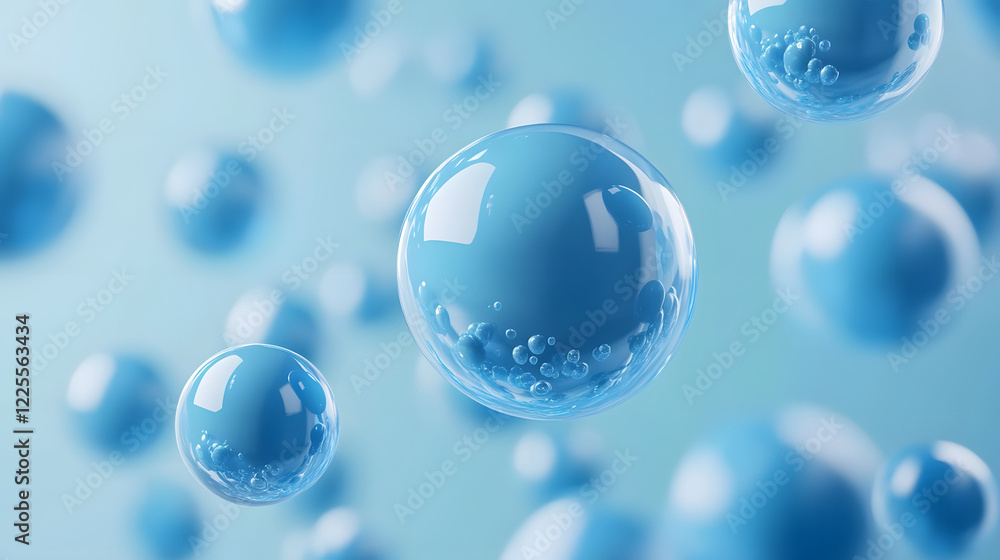 Poster abstract 3d rendering background with blue bouncing balls.