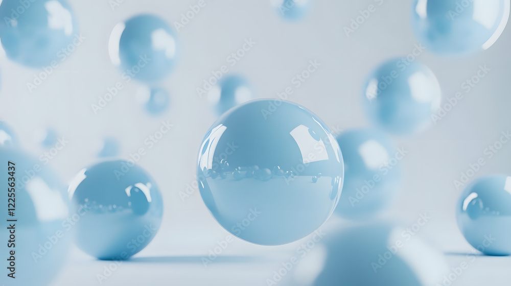 Poster abstract 3d rendering background with blue bouncing balls.