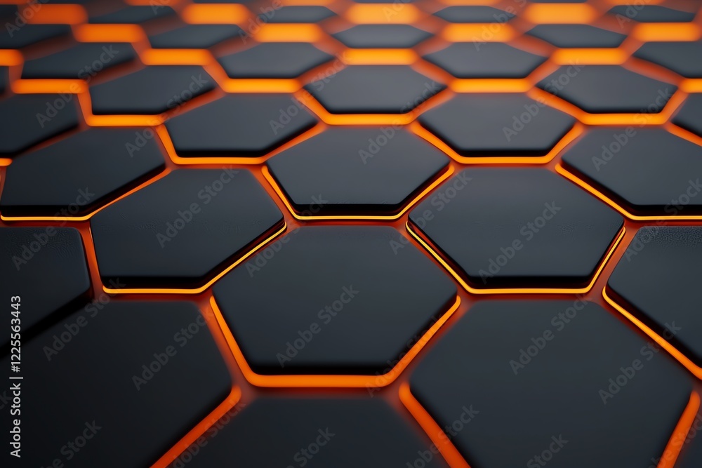Poster a close-up of hexagonal patterns in black and orange, showcasing modern design aesthetics.