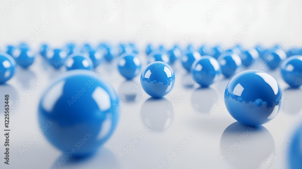Poster abstract 3d rendering background with blue bouncing balls.