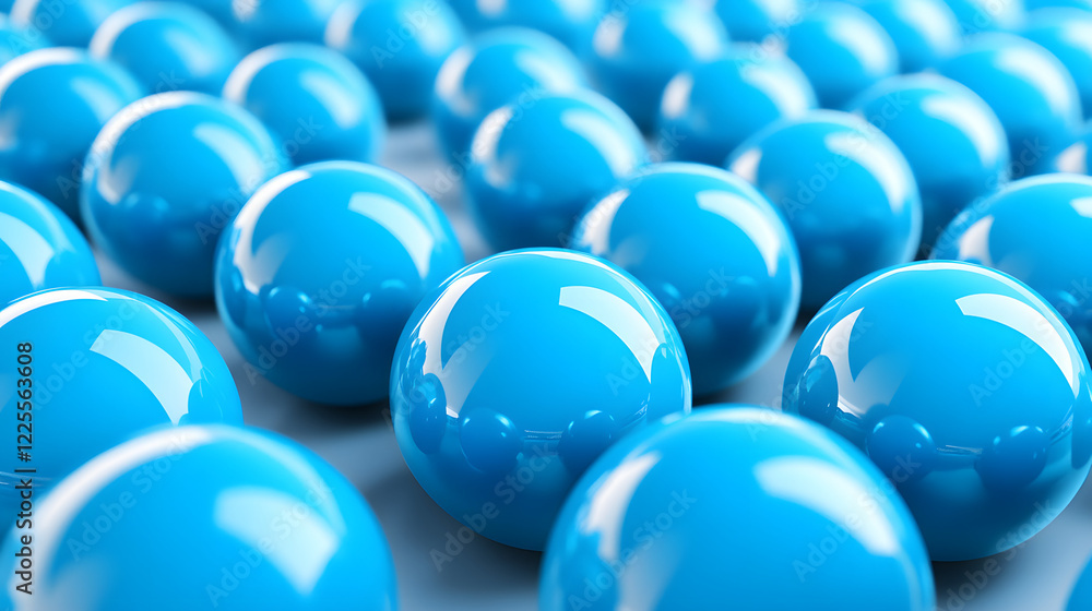 Poster abstract 3d rendering background with blue bouncing balls.