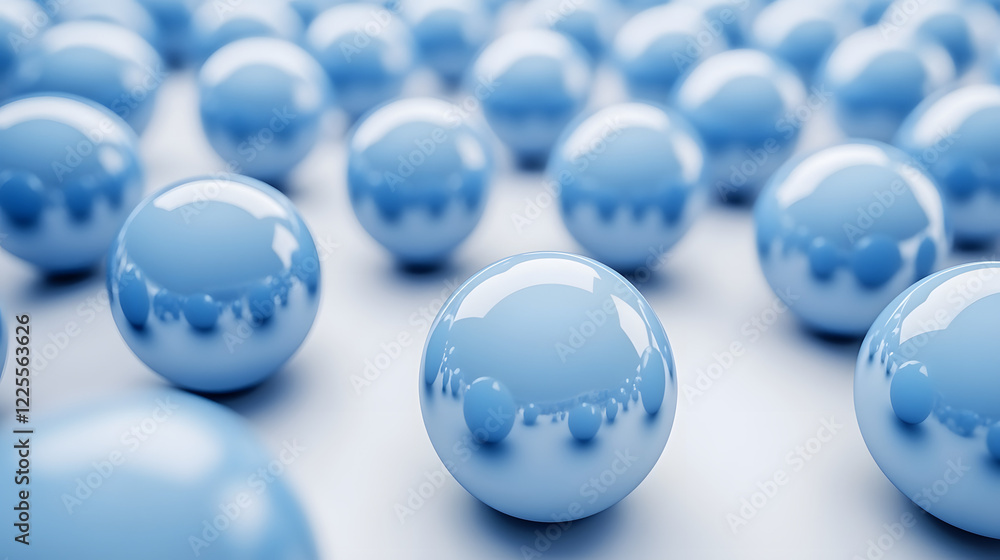 Poster abstract 3d rendering background with blue bouncing balls.